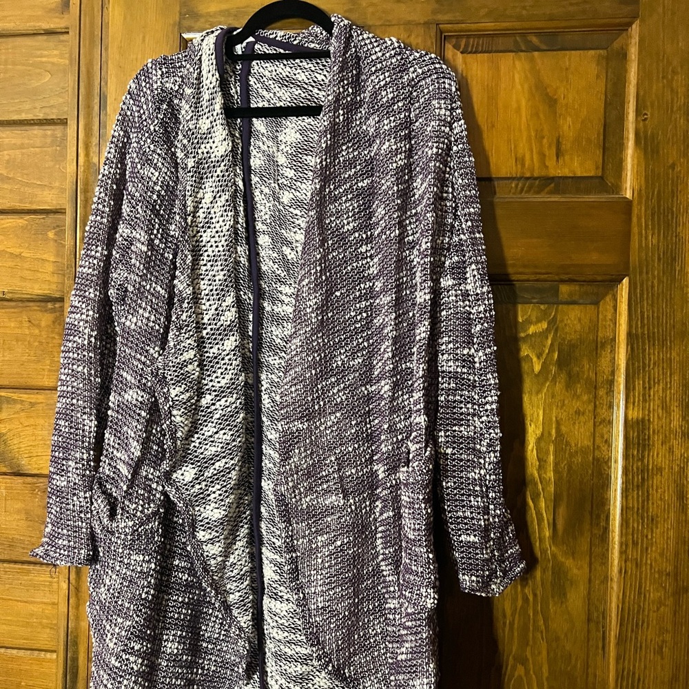 Fabletics purple duster to wear over workout gear or bring to yoga